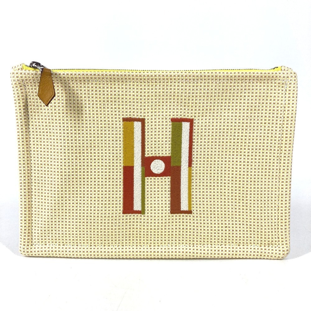 エルメス HERMES フラットポーチ 刺繍入り 《フォーブル・コーナー》 PM メイクポーチ 化粧ポーチ セカンドバッグ クラッチバッグ ポーチ コットン シトロン / オークル イエロー 美品