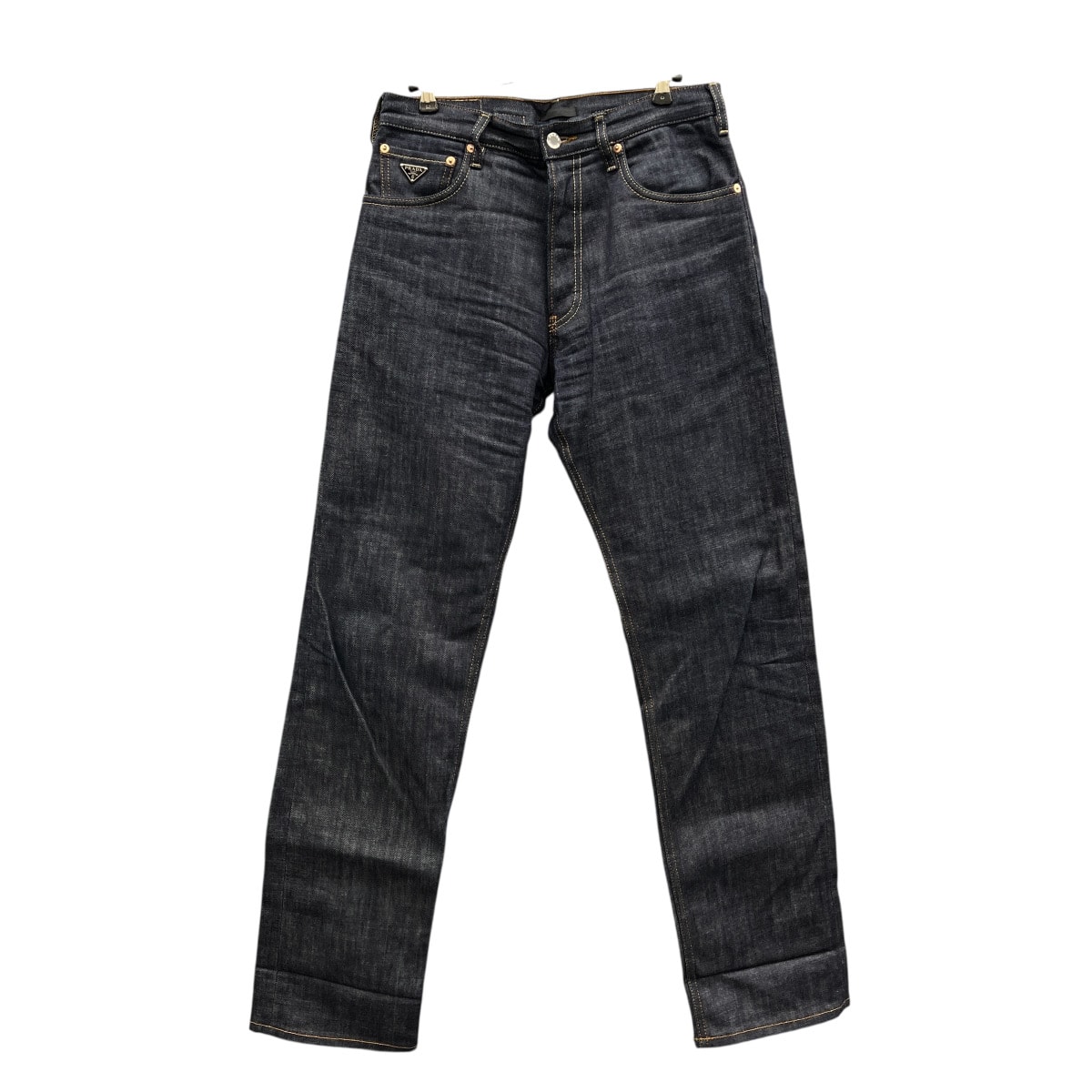 PRADA 極美品 プラダ トライアングルロゴ リジットデニムパンツ ジーンズ ボトムス 2024年 GEP358 コットン ネイビー ブルー #29 三角プレート ロゴプレート Aランク 中古 鑑定済 プラダデニム