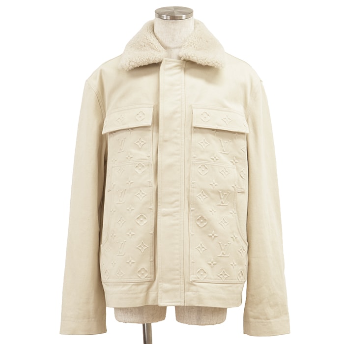 LOUIS VUITTON ルイ・ヴィトン デニムジャケット サイズ 50 メンズ ボアカラー LV モノグラム ロゴ エンボス コットン100% アウター サンドベージュ イタリア製