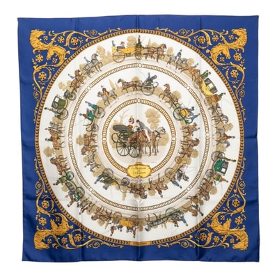 エルメス カレ90 La Promenade de Longchamps ロンシャンへの散歩 スカーフ 大判 ブルー系 マルチカラー シルク レディース HERMES 【中古】