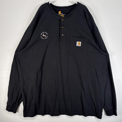 古着 カーハート Carhartt 長袖Tシャツ ヘンリーネック 大きいサイズ 肉厚 胸ポケ ワンポイント ロゴ 2XL ブラック 無地 メンズ