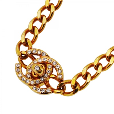 【6jdb0570-k】シャネル ネックレス ヴィンテージ ココマーク ターンロック GPメッキ ラインストーン ゴールド【中古】レディース