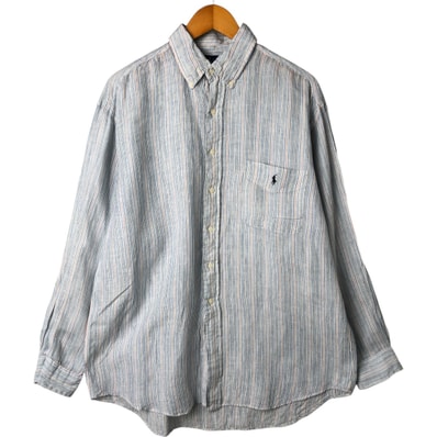 古着 ラルフローレン Ralph Lauren BIG SHIRT マルチストライプ 長袖 リネン ボタンダウンシャツ メンズM相当/eaa547514