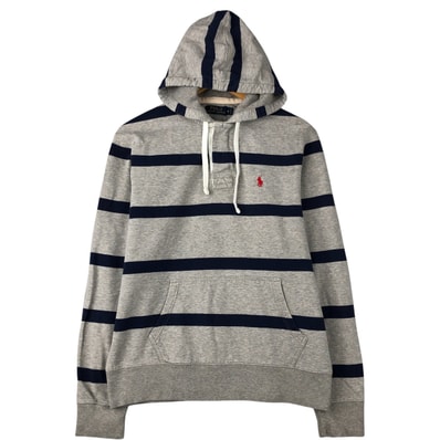 古着 ラルフローレン Ralph Lauren POLO by Ralph Lauren ボーダー柄 フード付き 長袖 ラガーシャツ メンズM相当/eaa589598