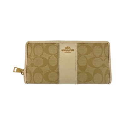 COACH コーチ シグネチャー ベージュ アイボリー ゴールド金具 PVC レザー/ 長財布 ラウンドファスナー 600287 【中古】
