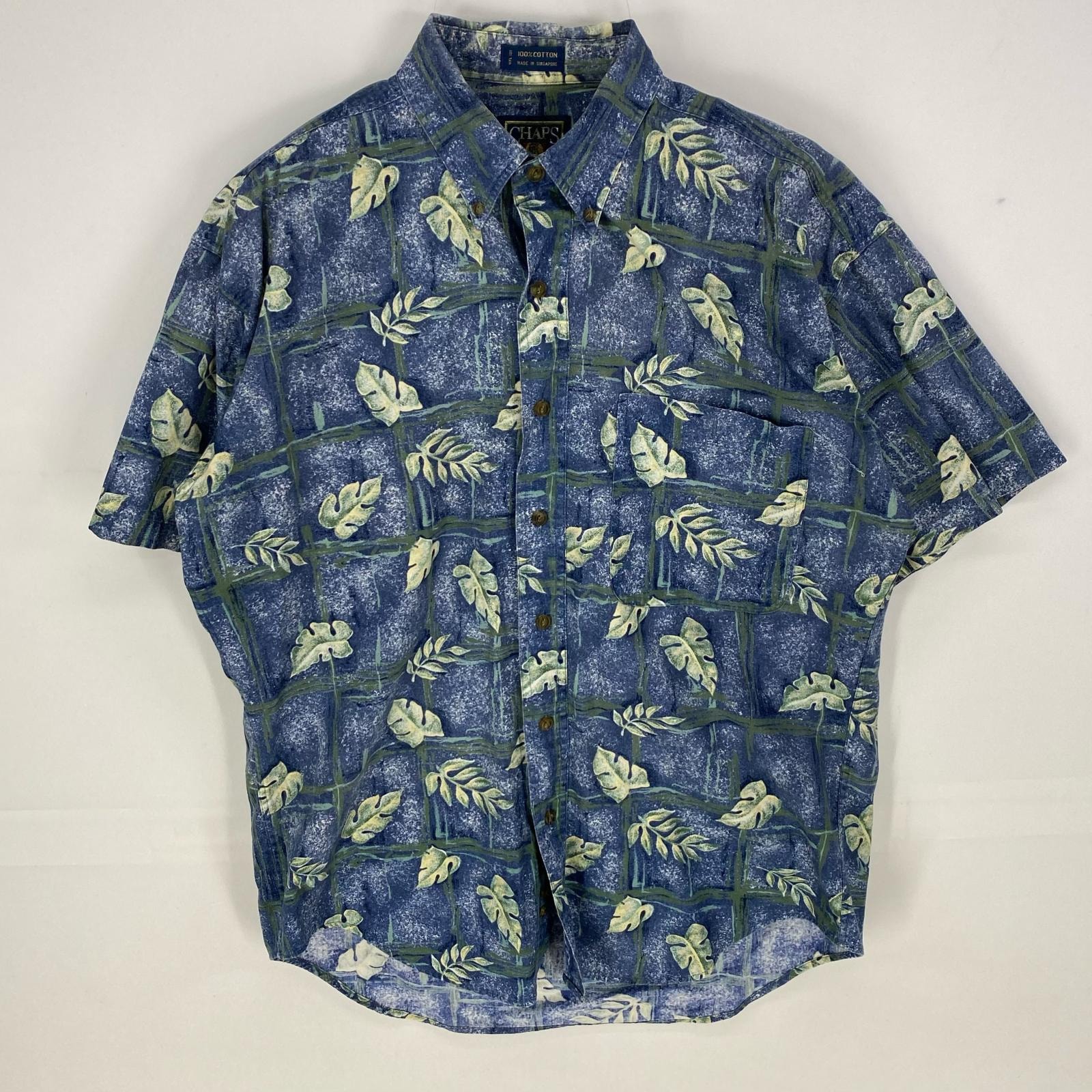 古着 チャップスラルフローレン CHAPS RALPHLAUREN 半袖シャツ ボタンダウン 胸ポケット リーフ M ネイビー系 総柄 メンズ