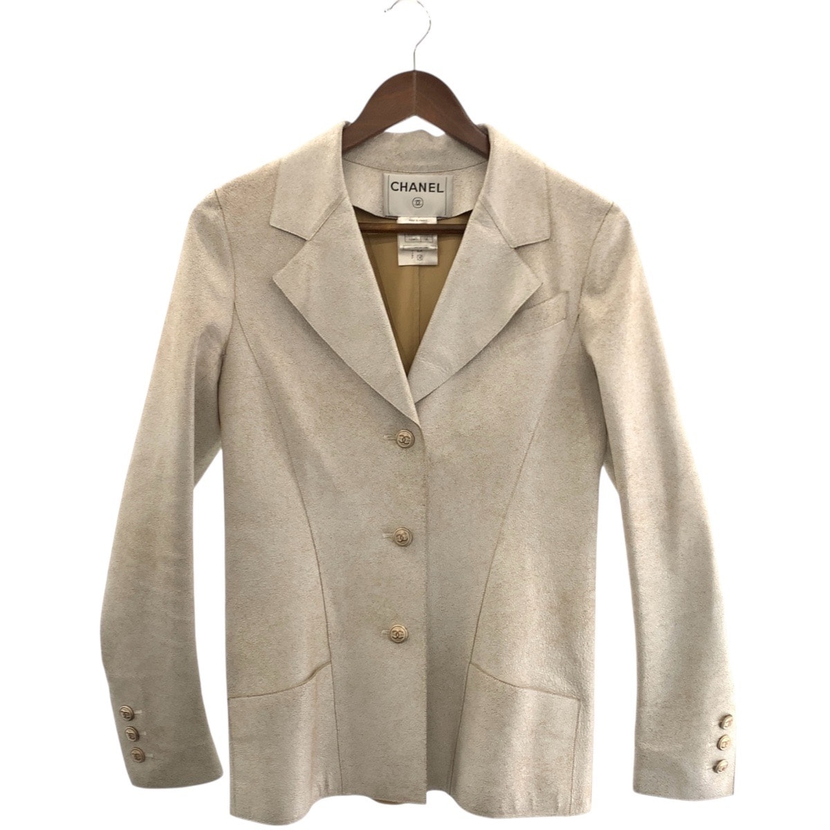美品 CHANEL シャネル ココマーク 03P アイボリー ラムスキン レザージャケット テーラードジャケット 502949 【中古】