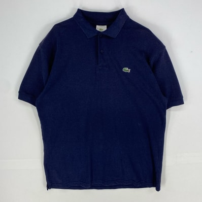 古着 ラコステ LACOSTE 鹿の子 半袖シャツ 刺繍ロゴ ワンポイント ポロシャツ ショートスリーブ XL ネイビー系 メンズ