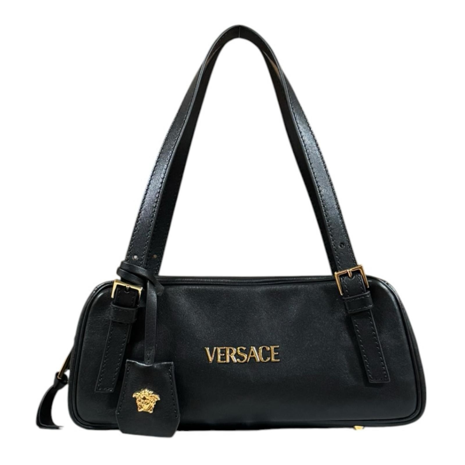 ヴェルサーチ タグ ナッパ ボウリングバッグ ハンドバッグ レザー ブラック レディース VERSACE  中古
