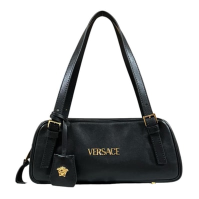 ヴェルサーチ タグ ナッパ ボウリングバッグ ハンドバッグ レザー ブラック レディース VERSACE 中古