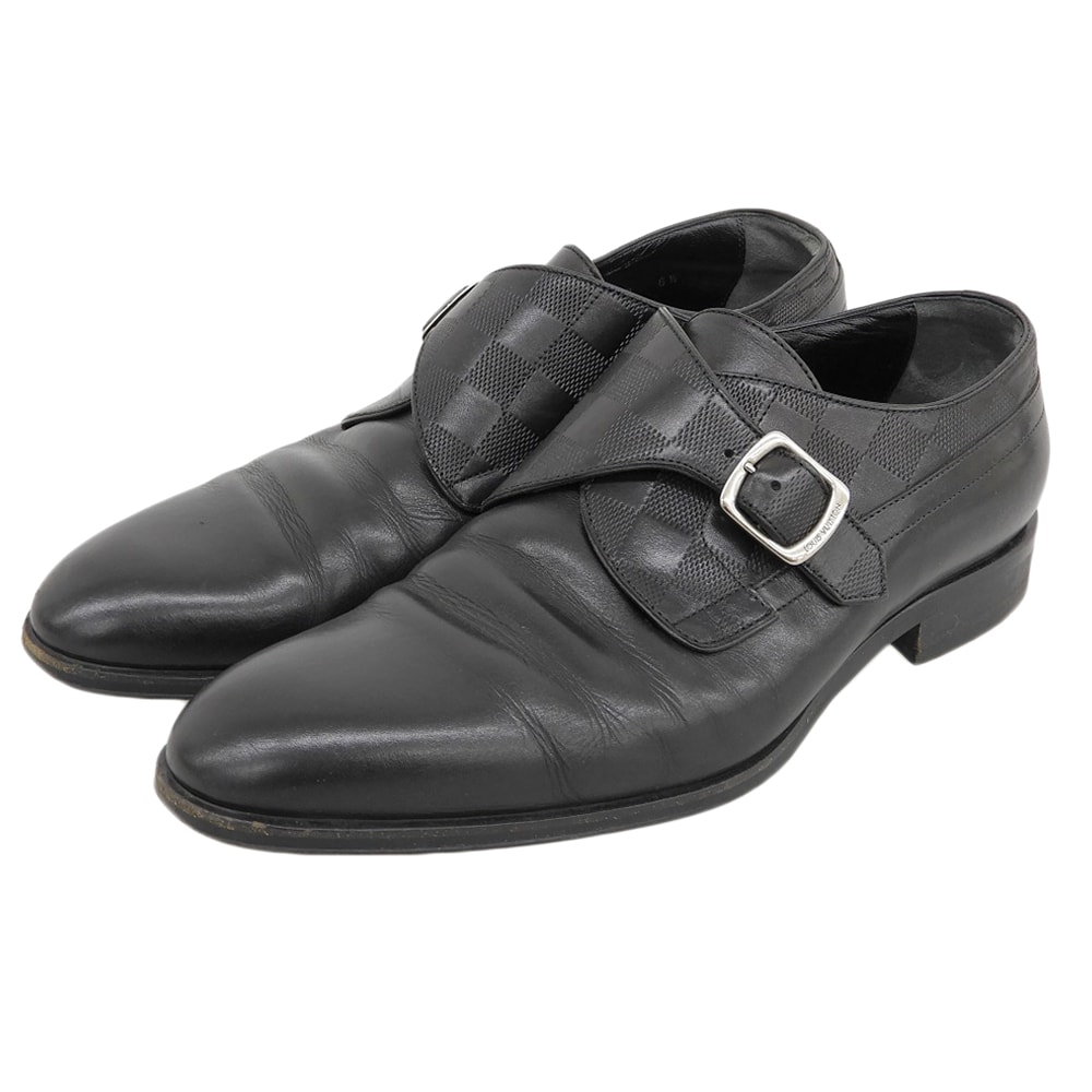 ルイヴィトン ダミエアンフィニ シングルモンクストラップシューズ メンズ 黒 ブラック 6 1/2 20年製 6 1/2