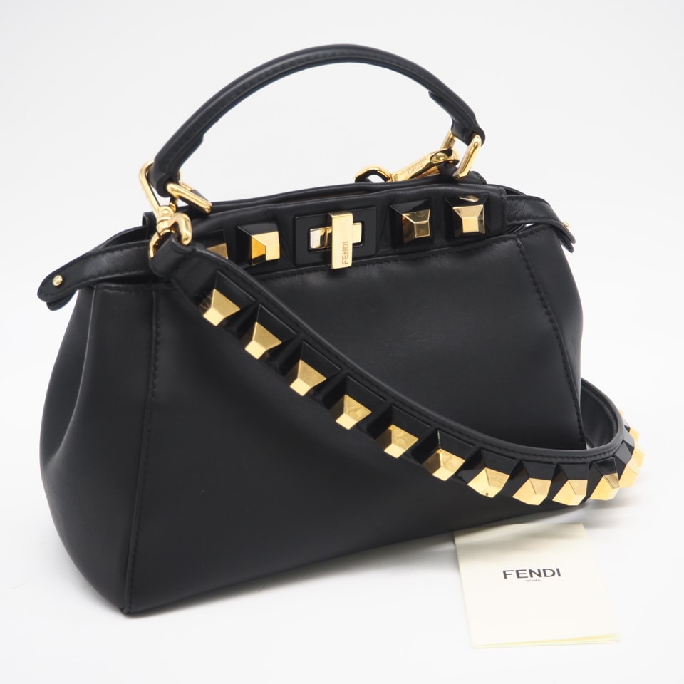 美品 FENDI フェンディ レザー ミニピーカブー ゴールドエディション 8BN244 2wayハンドバッグ ブラック レザー レディース