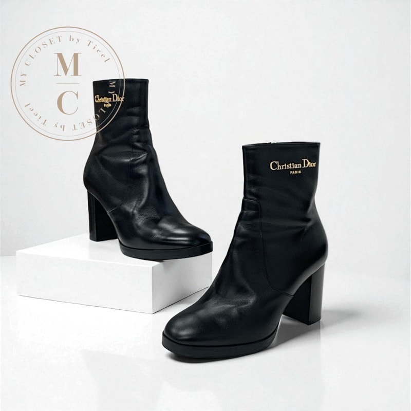 クリスチャンディオール CHRISTIAN DIOR D-Town ブーツ ショートブーツ 靴 シューズ レザー ブラック ゴールド ロゴ