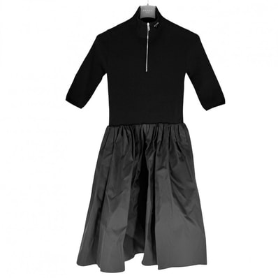 PRADA プラダ ワンピース トライアングルロゴ ハイネック 半袖 異素材ドッキング アパレル 服 36 ブラック 黒 シルバー金具 レディース 春 夏 美品【中古品】