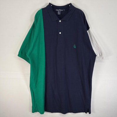 古着 90's/90年代 ノーティカ NAUTICA 半袖 ポロシャツ ロゴ 刺繍 2ボタン 大きいサイズ L ネイビー マルチカラー メンズ