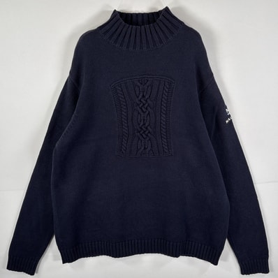 古着 90's/90年代 ノーティカ NAUTICA 長袖 ニット ワンポイント刺繍ロゴ デザインニット リブ L ネイビー メンズ