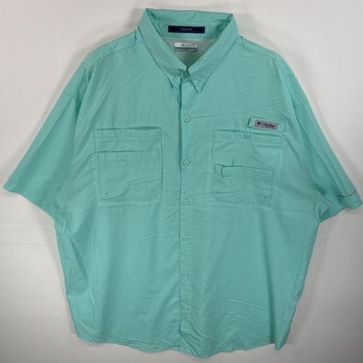 古着 コロンビア Columbia 半袖シャツ ボタンダウンシャツ PFG ワンポイント ロゴ 14041 水色系 無地 メンズ