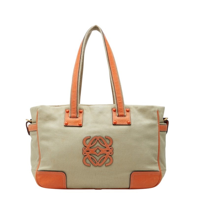 ロエベ アナグラム トートバッグ ショルダーバッグ 340712 ベージュ オレンジ キャンバス レザー レディース LOEWE 中古
