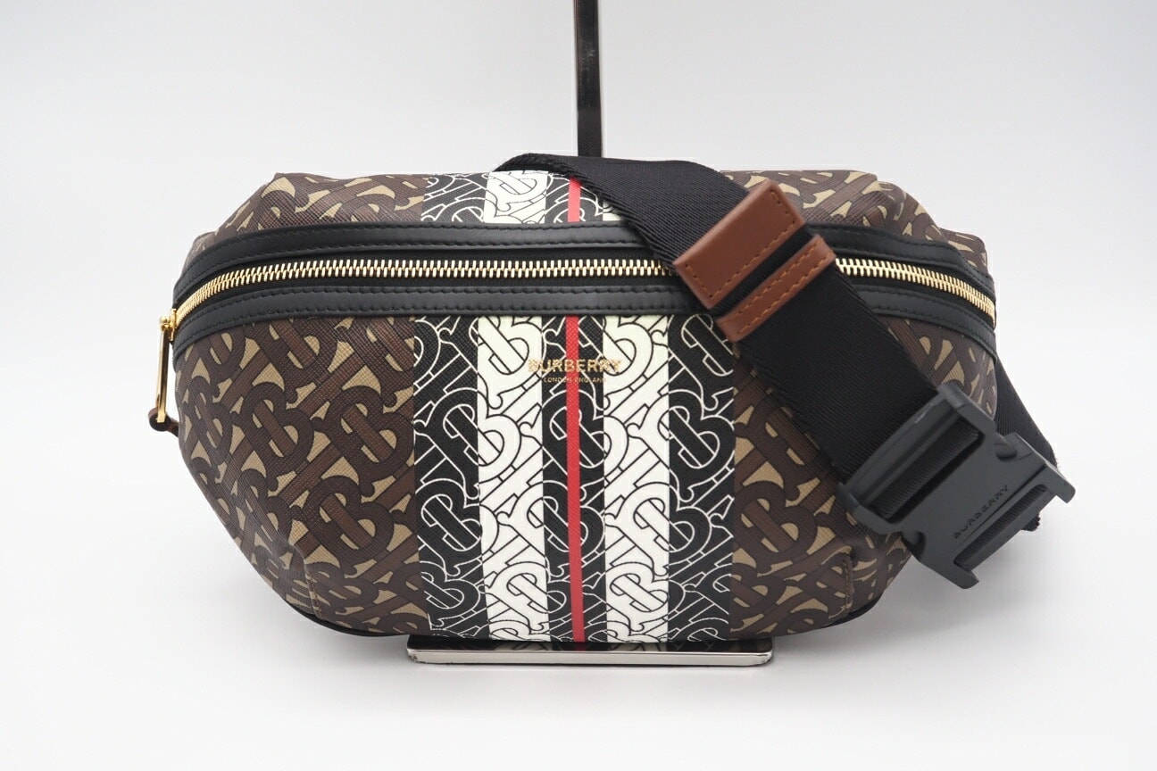 美品 BURBERRY バーバリー モノグラムストライプ ボディバッグ マルチカラー 8021483 ボディバッグ ブラウン ベージュ コーティングキャンバス レザー メンズ