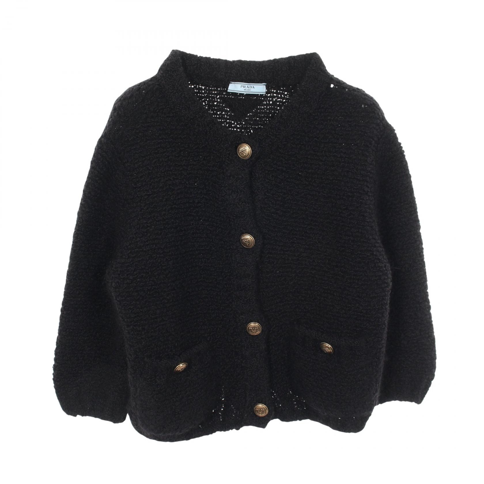 プラダ PRADA ニット ノーカラージャケット 衣料品 アウター ウール ナイロン モヘヤ レディース ブラック系 【中古】