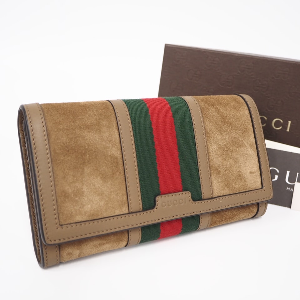 未使用 GUCCI グッチ スエード ウェブ レザー ジップアラウンドウォレット 409440 長財布 ブラウン グリーン レッド スウェード レザー メンズ