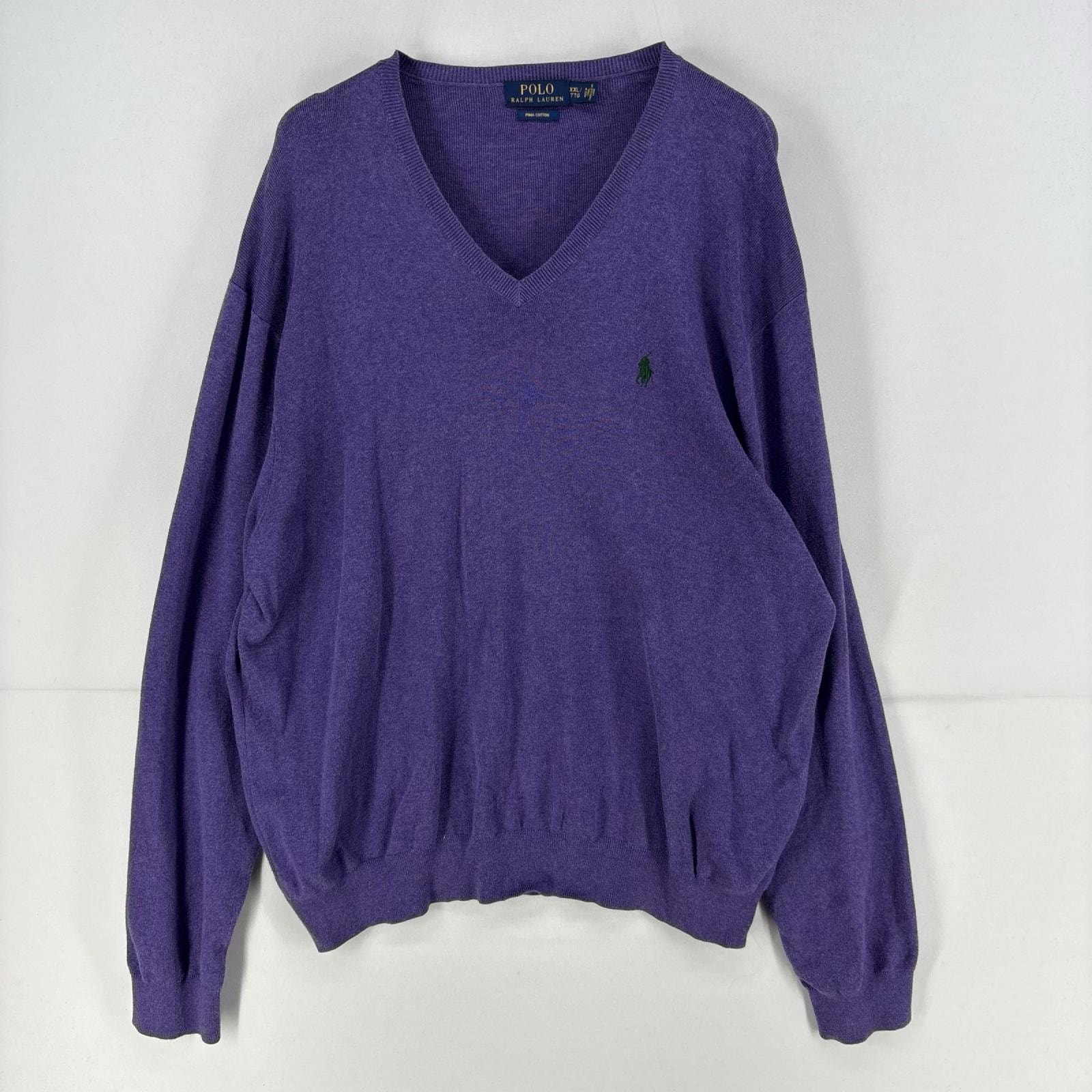 古着 ポロ・ラルフローレン POLO RALPH LAUREN ニット プルオーバー ロゴ 刺繍 Vネック セーター コットン 2XL  パープル メンズ