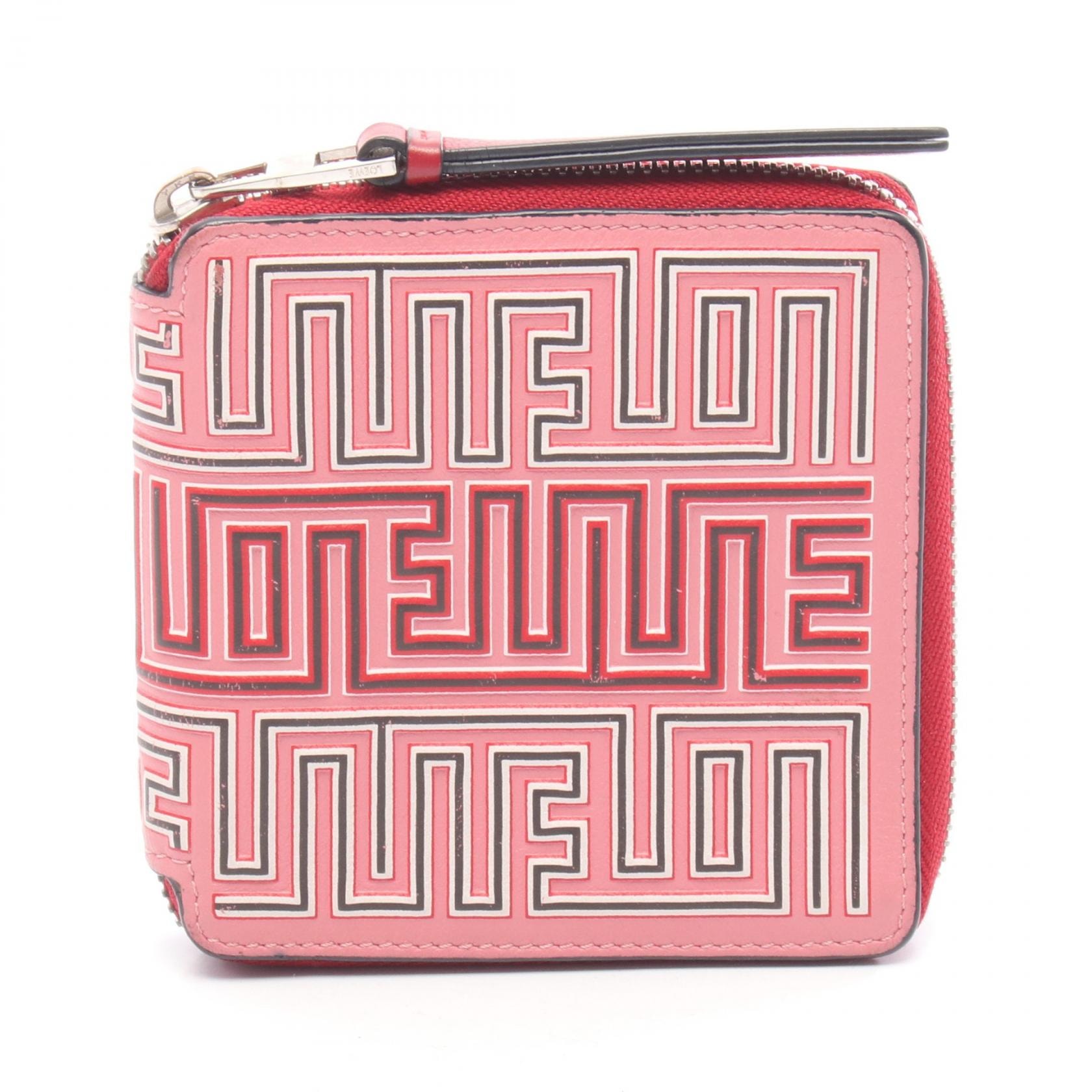 ロエベ LOEWE MAZE メイズ スクエアジップウォレット ラウンド財布 財布 レザー レディース ピンク系 / レッド系 / マルチカラー 130.30.M88 【中古】