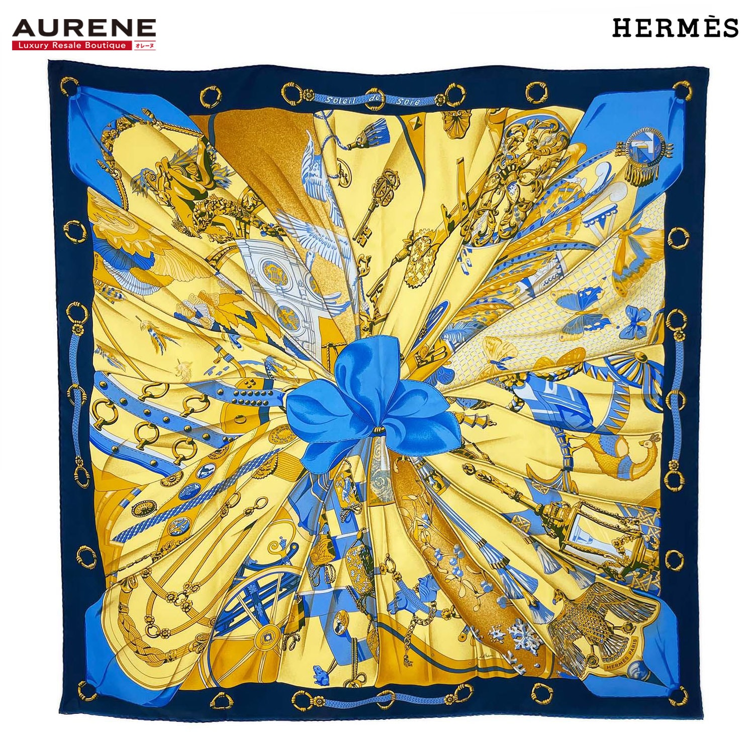 HERMES エルメス カレ90 スカーフ soleil de soie シルクの太陽 シルク ネイビー ユニセックス 【中古】
