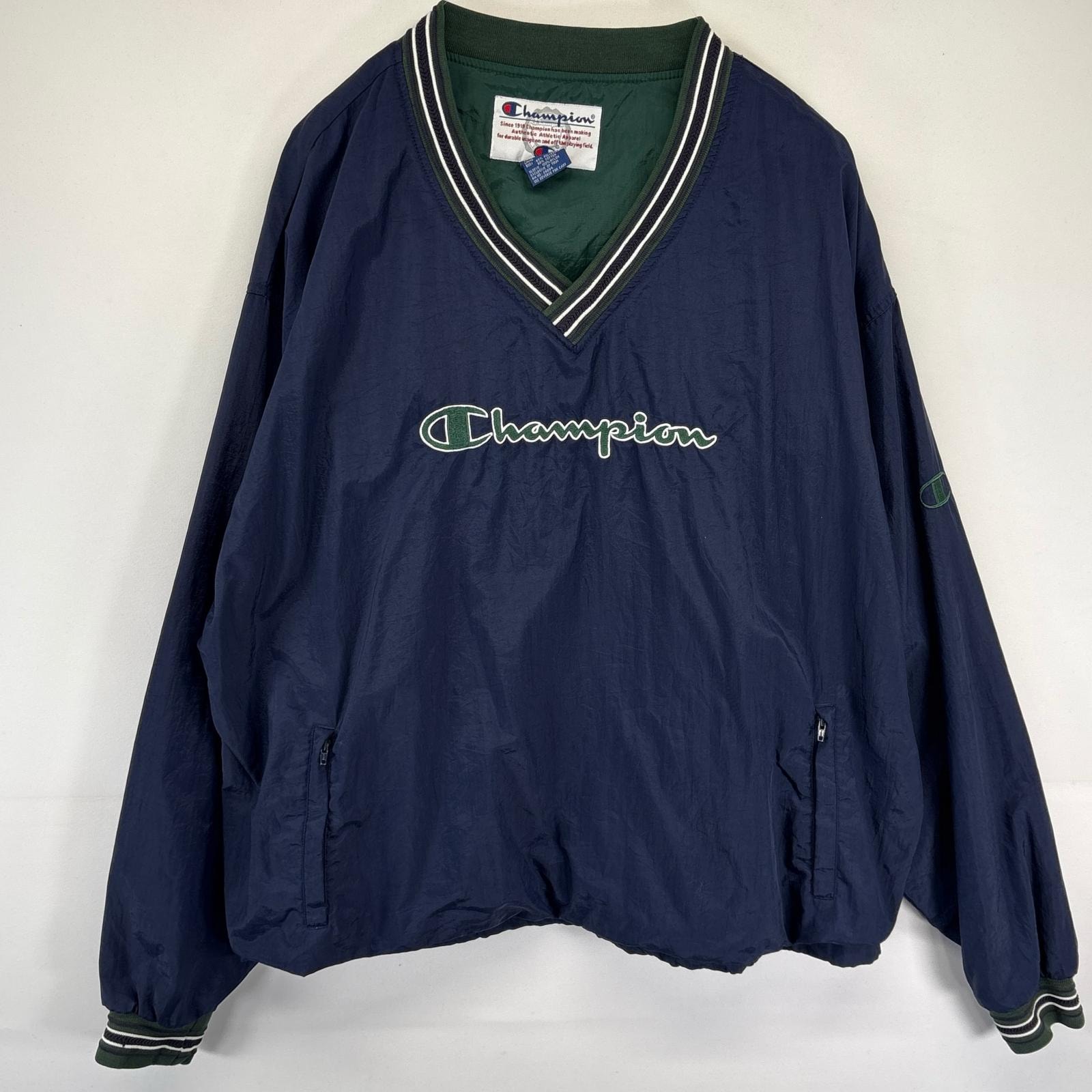 古着 90's/90年代 チャンピオン Champion ナイロンジャケット ナイロンプルオーバージャケット ピステ Vネック 大きいサイズ 2XL  ネイビー系 メンズ