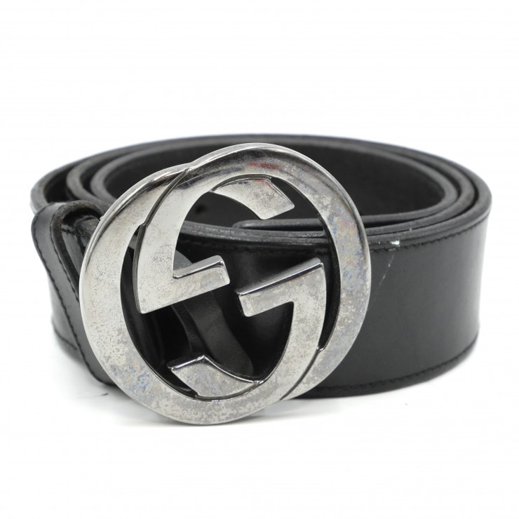 GUCCI(グッチ)インターロッキングG レザーベルト ブラック シルバー金具 メンズ レディース ユニセックス【中古】