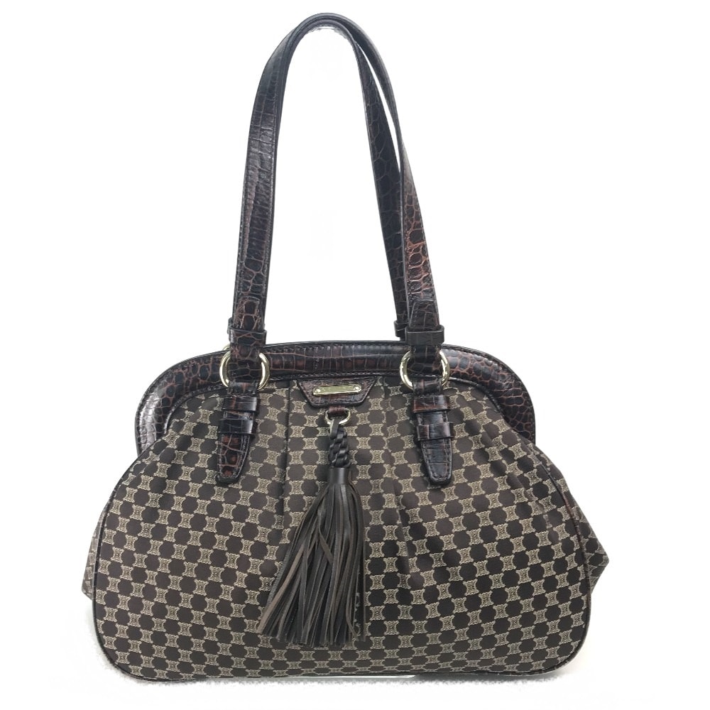 セリーヌ CELINE がま口 ロゴ マカダム カバン トートバッグ タッセル ショルダーバッグ レザー/キャンバス ブラウン×ゴールド金具