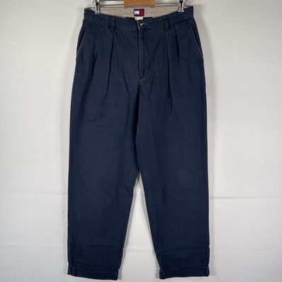 古着 90's/90年代 トミーヒルフィガー TOMMY HILFIGER チノパンツ 長ズボン ワンポイントロゴ刺繍 ボトムス w34 L32 ネイビー メンズ