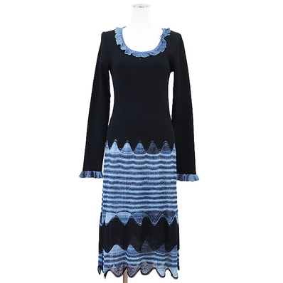 【極美品】CHANEL シャネル ヴィンテージワンピース 02A P20257 レディース 44 COCOマークチャーム レーヨン × ナイロン リブニット メタリックヤーン フリルネック ボーダー ストライプ ドレス サックスブルー 黒 青 フランス製