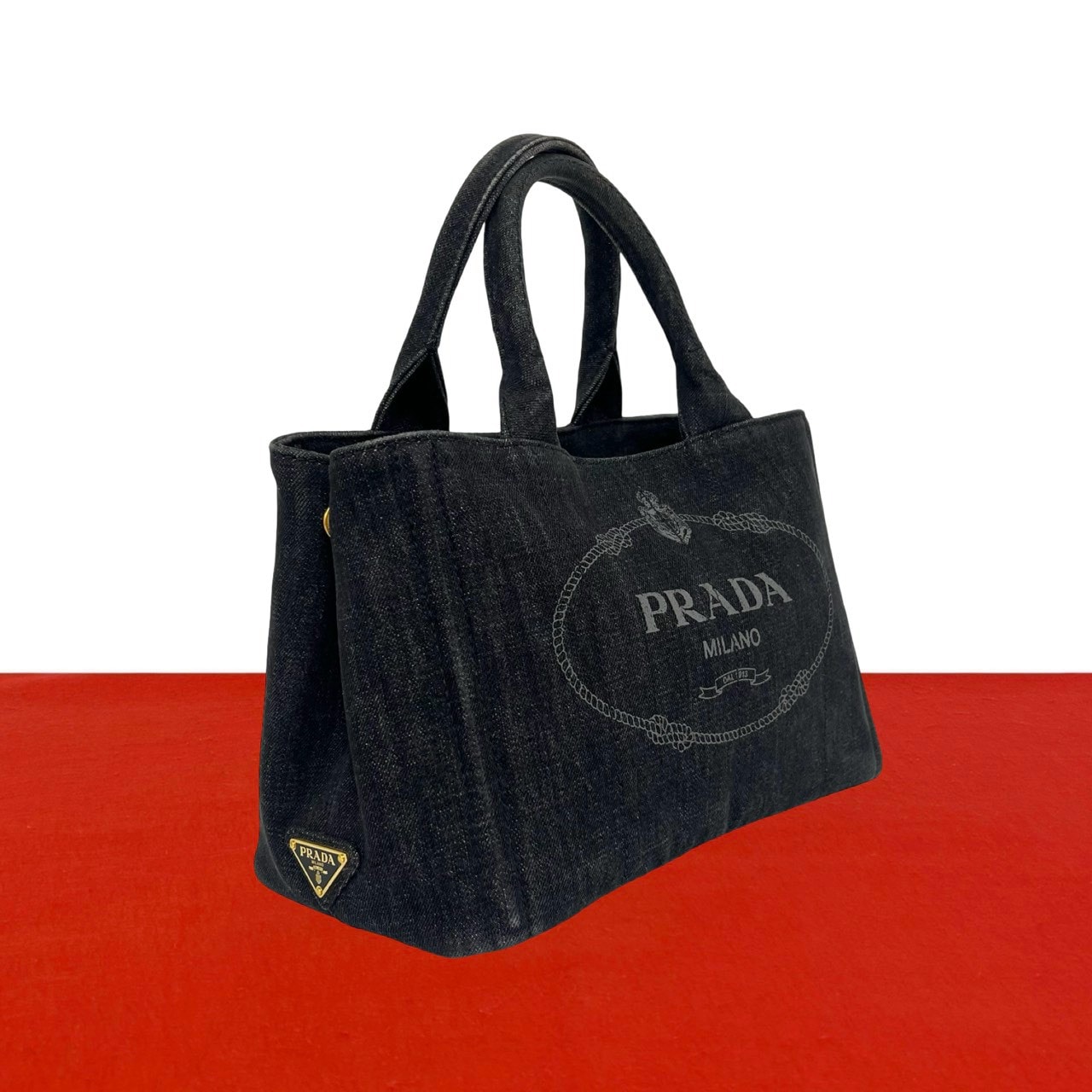 PRADA プラダ カナパ 三角 ロゴ 金具 コットンデニム ハンドバッグ ブラック
 89870
