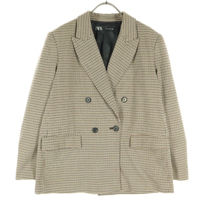 美品 ZARA ザラ 千鳥格好柄 長袖 ダブルボタン テーラードジャケット S ベージュ系