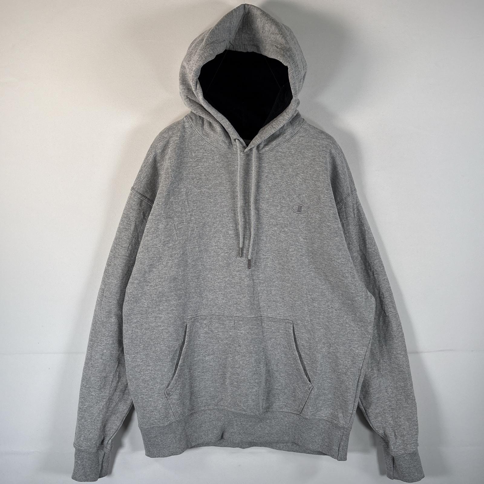 古着 チャンピオン Champion パーカー ワンポイントロゴ刺繍 フーディー ワッペン マフポケット フード紐 L  グレー メンズ