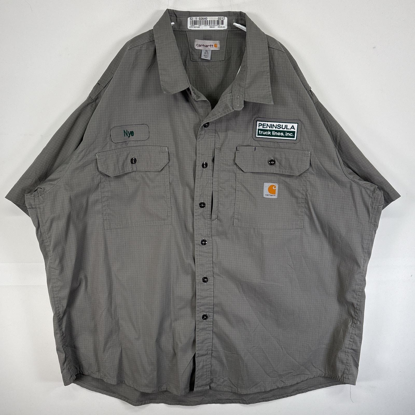 古着 カーハート Carhartt 半袖シャツ ワーク 作業着 フラップポケ リップストップ 大きいサイズ ワンポイント ロゴ 3XL  グレー 無地 メンズ