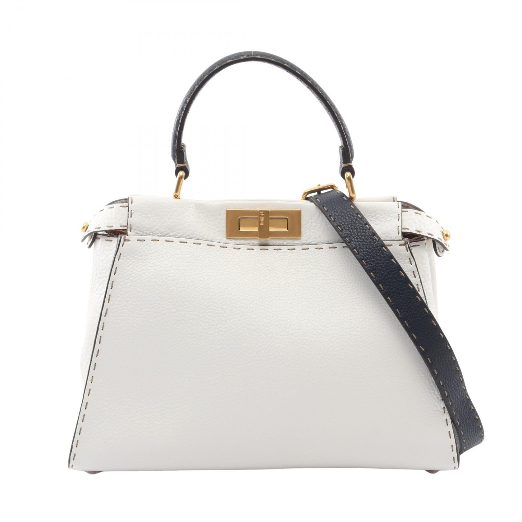 フェンディ FENDI ピーカブー レギュラー セレリア 2WAY ハンドバッグ バッグ レザー レディース ホワイト系 / ネイビー系 8BN290 【中古】