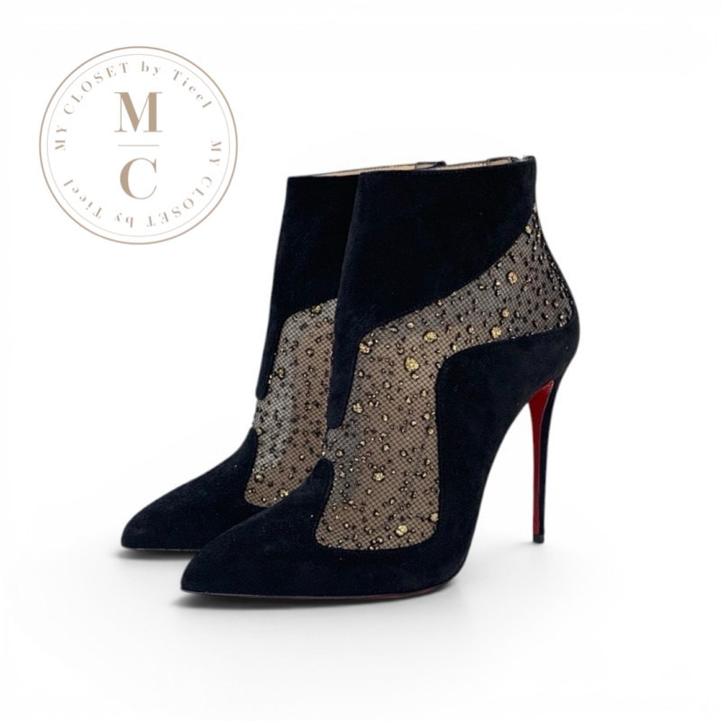未使用 クリスチャンルブタン Christian Louboutin ブーツ ショートブーツ 靴 シューズ グリッター スエード メッシュ ブラック