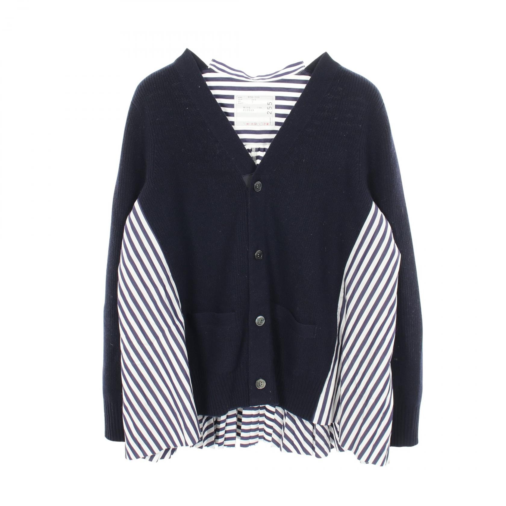 サカイ Sacai ストライプ プリーツ 切替 カーディガン 衣料品 トップス ウール コットン レディース ネイビー系 / ホワイト系 SCW-255 【中古】