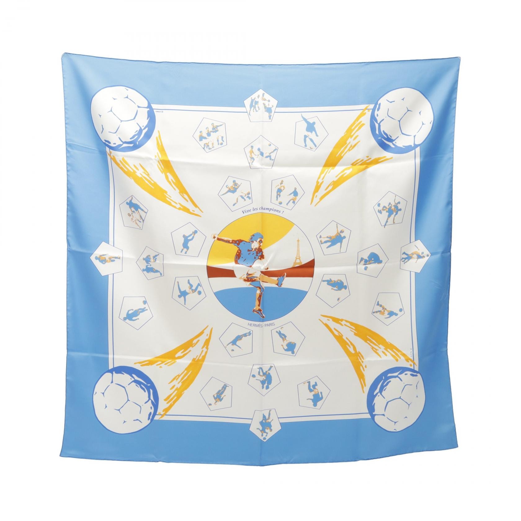 エルメス HERMES カレ90 Vive les champions! スカーフ 衣料品 シルク シルク レディース ホワイト系 / ブルー系 / イエロー系 【中古】