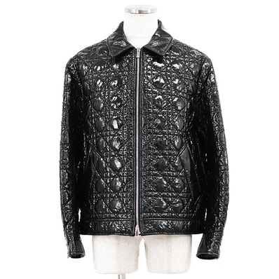 【極美品】Dior ディオール ジャケット カナージュ パデッド サイズ 48 メンズ CD ロゴ ボタン ダイヤキルティング ジップアップ ラムスキン レザー アウター ガーメント付属 シャイニーブラック 黒 イタリア製
