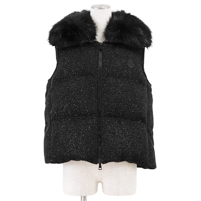 【新品同様】MONCLER モンクレール ダウンベスト サイズ 2 レディース CARRELET GILET フェイクファー メタリック ジレ ダウンジャケット アウター ブラック 黒 ハンガリー製