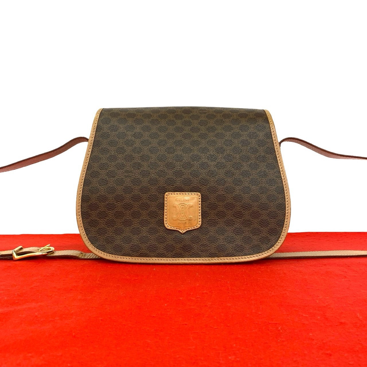 CELINE セリーヌ マカダム ブラゾン 柄 トリオンフ レザー PVC ショルダーバッグ ブラウン
 98825