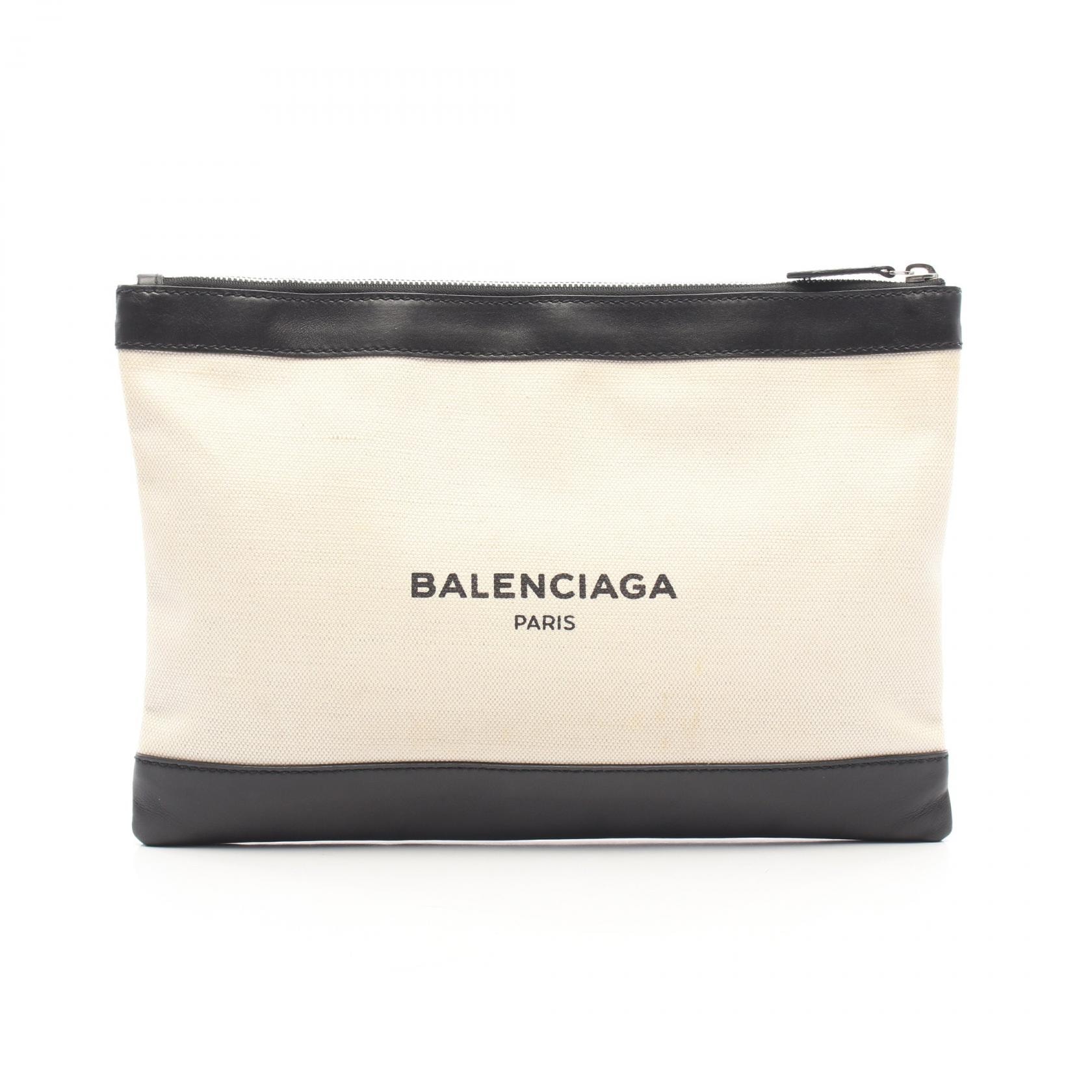バレンシアガ BALENCIAGA ネイビークリップ M セカンドバッグ クラッチバッグ バッグ キャンバス レザー メンズ レディース アイボリー系 / ブラック系 373834 【中古】