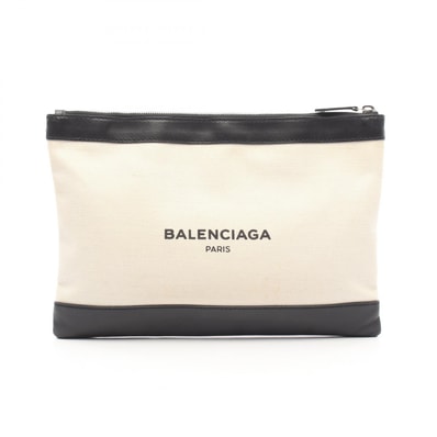 バレンシアガ BALENCIAGA ネイビークリップ M セカンドバッグ クラッチバッグ バッグ キャンバス レザー メンズ レディース アイボリー系 / ブラック系 373834 【中古】