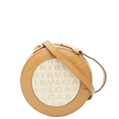 ブルガリ ロゴマニア ショルダーバッグ ポーチ ベージュ ブラウン キャンバス レザー レディース BVLGARI 【中古】