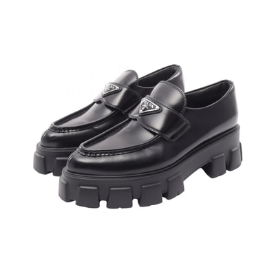 プラダ PRADA モノリス 三角プレート ローファー 靴 レザー レディース ブラック系 【中古】