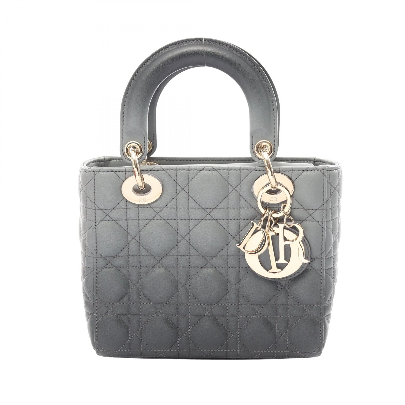 ディオール Dior レディディオール スモール カナージュ ハンドバッグ バッグ レザー レディース グレー系 【中古】
