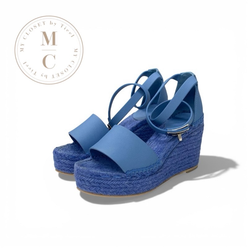 エルメス HERMES ティポリ サンダル 靴 シューズ レザー ブルー ケリー金具 ウェッジソール